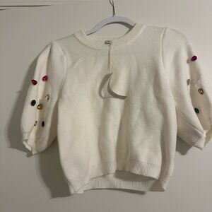 Elegant White Puffer Sleeve Crystal Embellishment Sweater Top